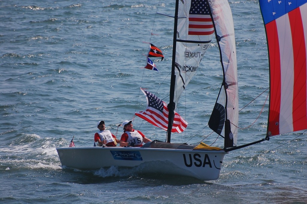 Nick Scandone and Maureen Mckinnon-Tucker after winning the Gold medla in the SKUD 18 class - 2008 Paralympics, Qingdao © Dan Tucker http://sailchallengeinspire.org/